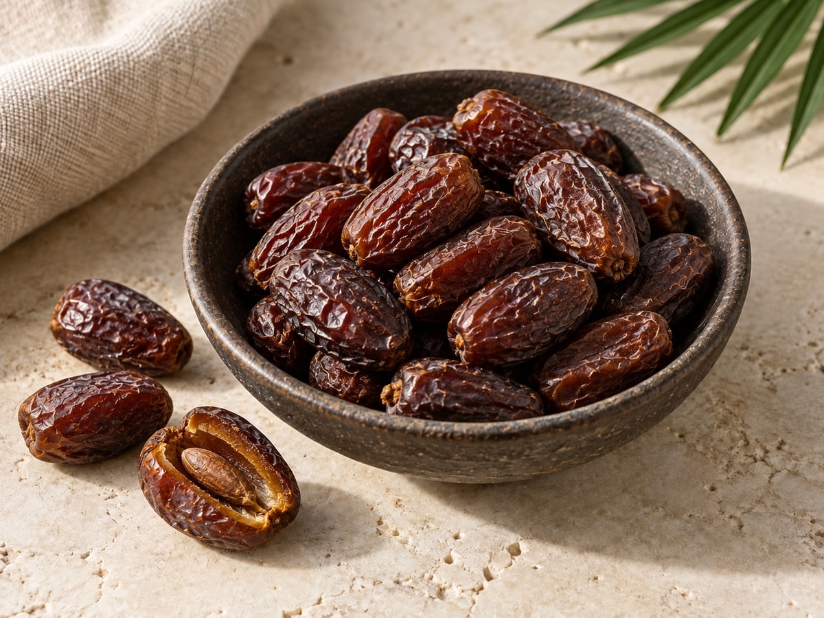 Whole dates in a dark ceramic bowl